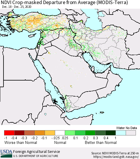 Middle East and Turkey NDVI Crop-masked Departure from Average (MODIS-Terra) Thematic Map For 12/21/2020 - 12/31/2020