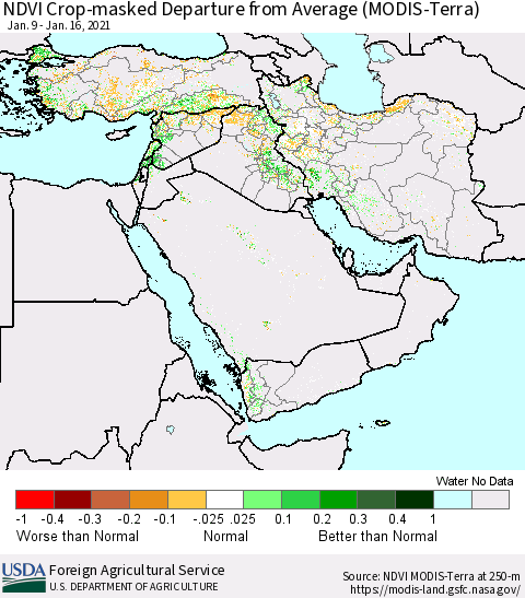 Middle East and Turkey NDVI Crop-masked Departure from Average (MODIS-Terra) Thematic Map For 1/11/2021 - 1/20/2021