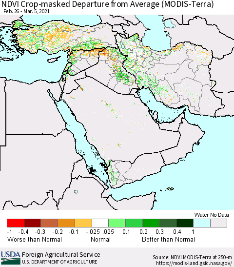 Middle East and Turkey NDVI Crop-masked Departure from Average (MODIS-Terra) Thematic Map For 3/1/2021 - 3/10/2021