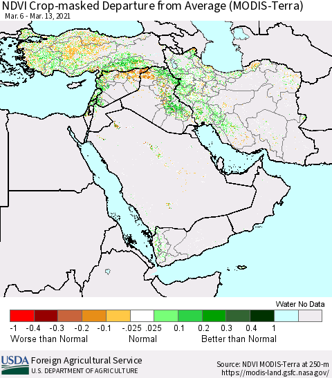 Middle East and Turkey NDVI Crop-masked Departure from Average (MODIS-Terra) Thematic Map For 3/11/2021 - 3/20/2021