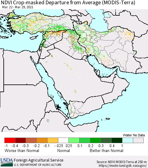 Middle East and Turkey NDVI Crop-masked Departure from Average (MODIS-Terra) Thematic Map For 3/21/2021 - 3/31/2021