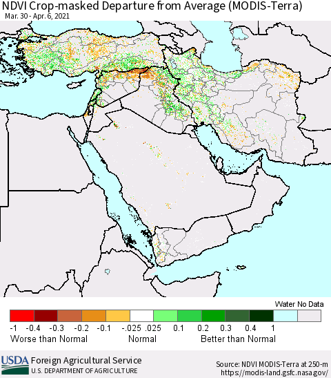 Middle East and Turkey NDVI Crop-masked Departure from Average (MODIS-Terra) Thematic Map For 4/1/2021 - 4/10/2021