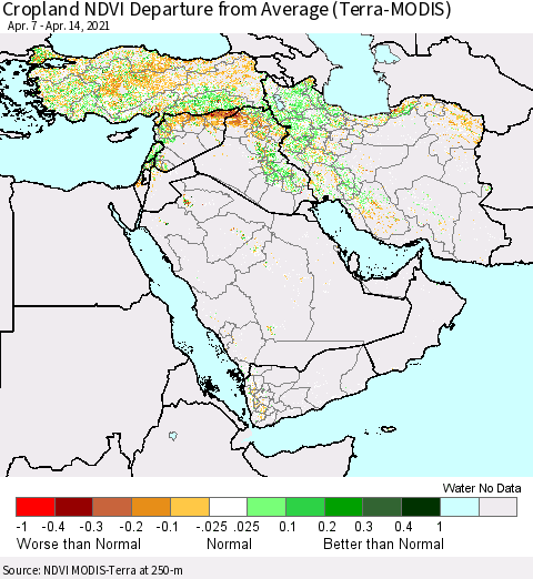Middle East and Turkey Cropland NDVI Departure from Average (Terra-MODIS) Thematic Map For 4/7/2021 - 4/14/2021