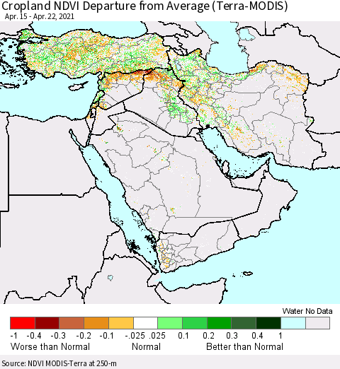 Middle East and Turkey Cropland NDVI Departure from Average (Terra-MODIS) Thematic Map For 4/15/2021 - 4/22/2021
