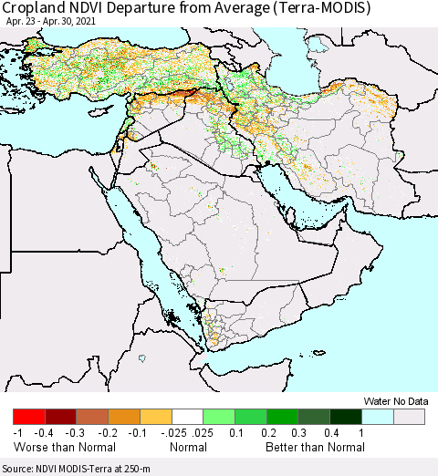 Middle East and Turkey NDVI Crop-masked Departure from Average (MODIS-Terra) Thematic Map For 4/21/2021 - 4/30/2021