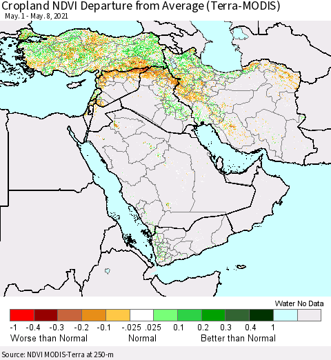 Middle East and Turkey Cropland NDVI Departure from Average (Terra-MODIS) Thematic Map For 5/1/2021 - 5/8/2021