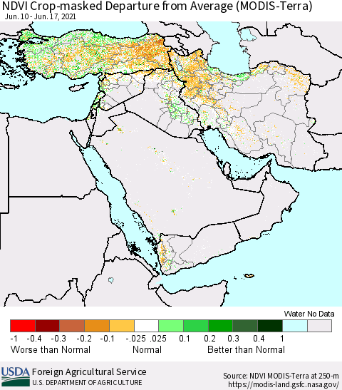 Middle East and Turkey NDVI Crop-masked Departure from Average (MODIS-Terra) Thematic Map For 6/11/2021 - 6/20/2021