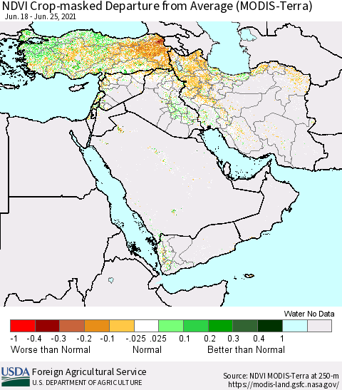 Middle East and Turkey NDVI Crop-masked Departure from Average (MODIS-Terra) Thematic Map For 6/21/2021 - 6/30/2021