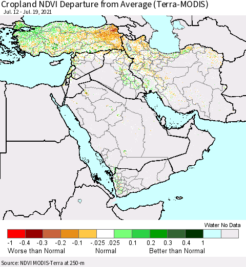 Middle East and Turkey Cropland NDVI Departure from Average (Terra-MODIS) Thematic Map For 7/12/2021 - 7/19/2021