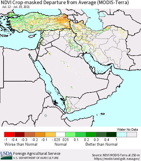 Middle East and Turkey NDVI Crop-masked Departure from Average (MODIS-Terra) Thematic Map For 7/11/2021 - 7/20/2021
