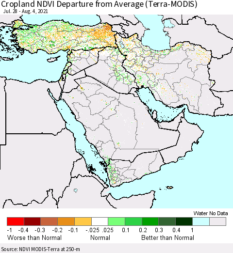 Middle East and Turkey Cropland NDVI Departure from Average (Terra-MODIS) Thematic Map For 7/28/2021 - 8/4/2021