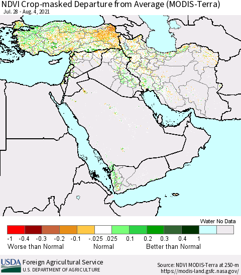 Middle East and Turkey Cropland NDVI Departure from Average (Terra-MODIS) Thematic Map For 8/1/2021 - 8/10/2021