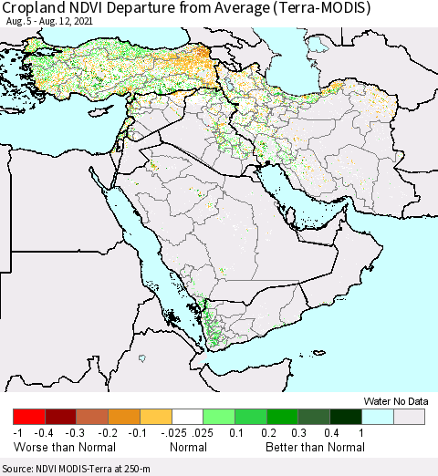 Middle East and Turkey Cropland NDVI Departure from Average (Terra-MODIS) Thematic Map For 8/5/2021 - 8/12/2021