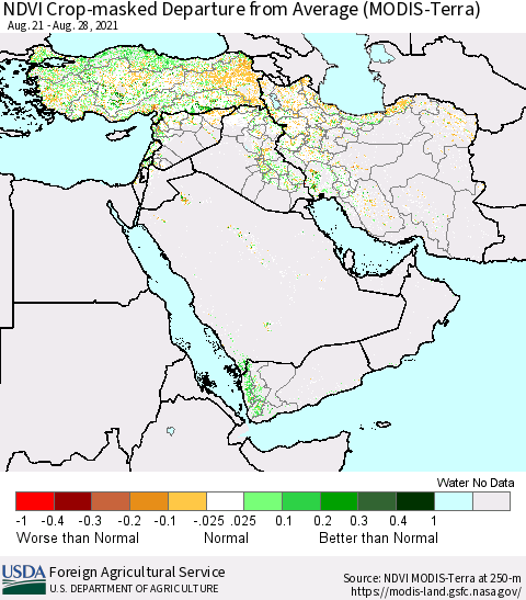 Middle East and Turkey NDVI Crop-masked Departure from Average (MODIS-Terra) Thematic Map For 8/21/2021 - 8/31/2021