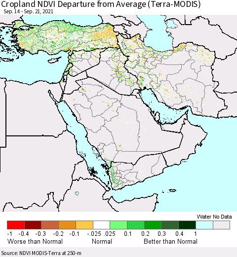 Middle East and Turkey Cropland NDVI Departure from Average (Terra-MODIS) Thematic Map For 9/14/2021 - 9/21/2021