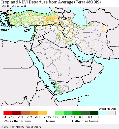 Middle East and Turkey Cropland NDVI Departure from Average (Terra-MODIS) Thematic Map For 10/16/2021 - 10/23/2021