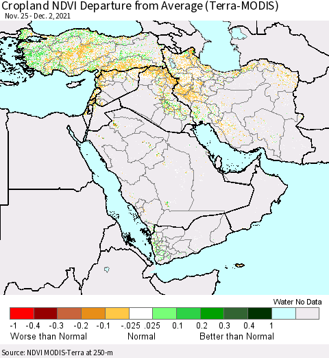 Middle East and Turkey Cropland NDVI Departure from Average (Terra-MODIS) Thematic Map For 11/25/2021 - 12/2/2021