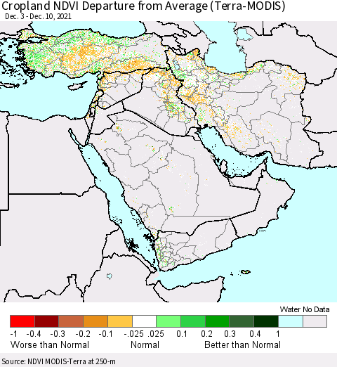 Middle East and Turkey NDVI Crop-masked Departure from Average (MODIS-Terra) Thematic Map For 12/1/2021 - 12/10/2021