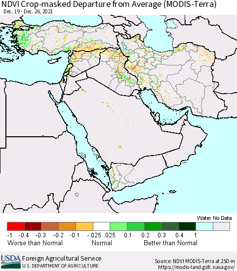 Middle East and Turkey NDVI Crop-masked Departure from Average (MODIS-Terra) Thematic Map For 12/21/2021 - 12/31/2021