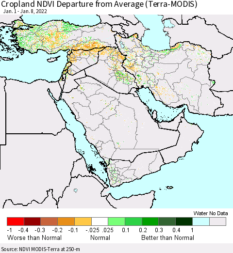 Middle East and Turkey Cropland NDVI Departure from Average (Terra-MODIS) Thematic Map For 1/1/2022 - 1/8/2022