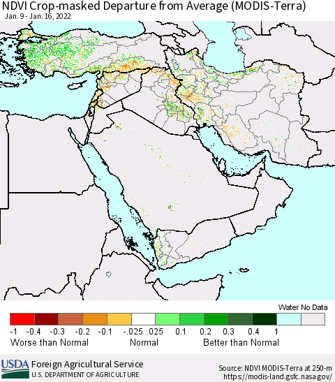 Middle East and Turkey NDVI Crop-masked Departure from Average (MODIS-Terra) Thematic Map For 1/11/2022 - 1/20/2022