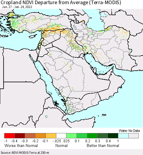 Middle East and Turkey Cropland NDVI Departure from Average (Terra-MODIS) Thematic Map For 1/17/2022 - 1/24/2022