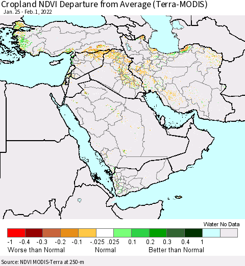 Middle East and Turkey Cropland NDVI Departure from Average (Terra-MODIS) Thematic Map For 1/25/2022 - 2/1/2022