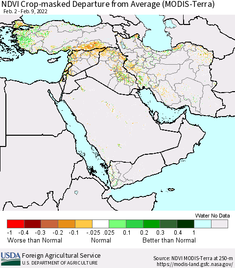 Middle East and Turkey NDVI Crop-masked Departure from Average (MODIS-Terra) Thematic Map For 2/1/2022 - 2/10/2022