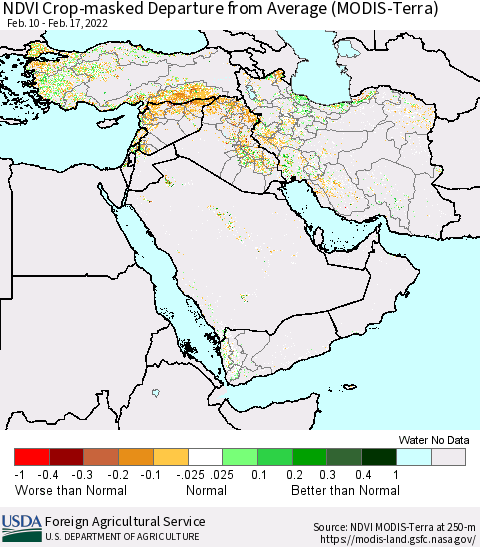 Middle East and Turkey Cropland NDVI Departure from Average (Terra-MODIS) Thematic Map For 2/11/2022 - 2/20/2022