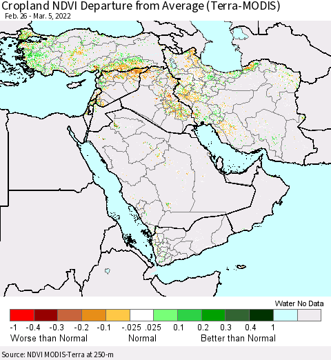 Middle East and Turkey Cropland NDVI Departure from Average (Terra-MODIS) Thematic Map For 2/26/2022 - 3/5/2022