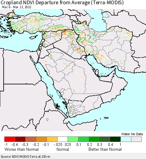 Middle East and Turkey Cropland NDVI Departure from Average (Terra-MODIS) Thematic Map For 3/6/2022 - 3/13/2022
