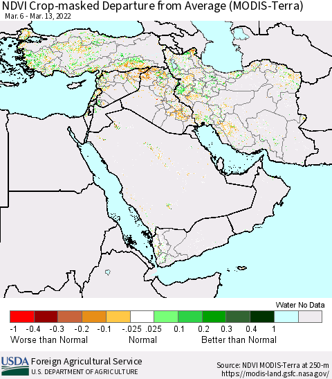 Middle East and Turkey NDVI Crop-masked Departure from Average (MODIS-Terra) Thematic Map For 3/11/2022 - 3/20/2022