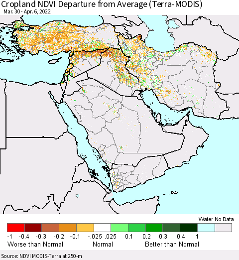 Middle East and Turkey Cropland NDVI Departure from Average (Terra-MODIS) Thematic Map For 3/30/2022 - 4/6/2022