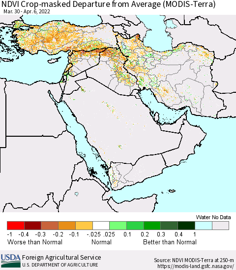 Middle East and Turkey Cropland NDVI Departure from Average (Terra-MODIS) Thematic Map For 4/1/2022 - 4/10/2022