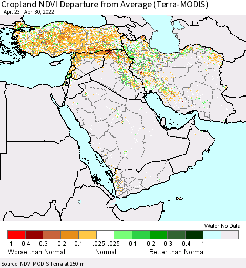 Middle East and Turkey Cropland NDVI Departure from Average (Terra-MODIS) Thematic Map For 4/21/2022 - 4/30/2022