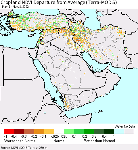 Middle East and Turkey Cropland NDVI Departure from Average (Terra-MODIS) Thematic Map For 5/1/2022 - 5/8/2022