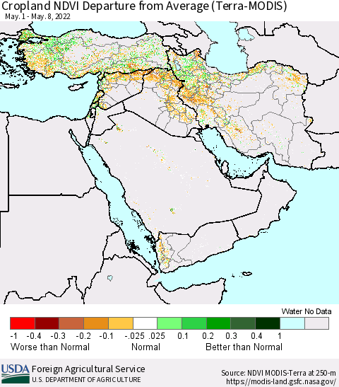 Middle East and Turkey NDVI Crop-masked Departure from Average (MODIS-Terra) Thematic Map For 5/1/2022 - 5/10/2022