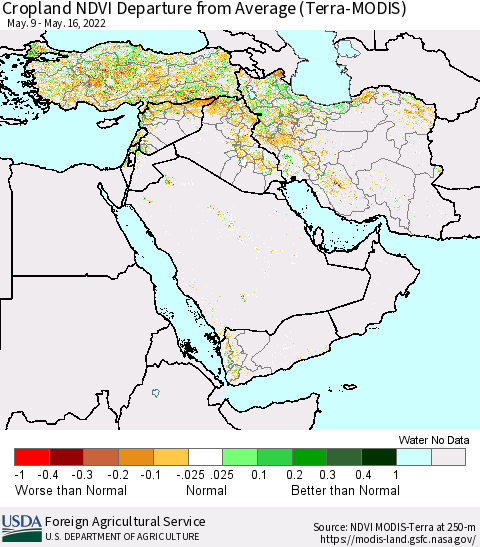 Middle East and Turkey Cropland NDVI Departure from Average (Terra-MODIS) Thematic Map For 5/11/2022 - 5/20/2022