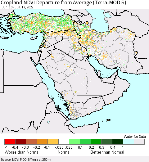 Middle East and Turkey Cropland NDVI Departure from Average (Terra-MODIS) Thematic Map For 6/10/2022 - 6/17/2022