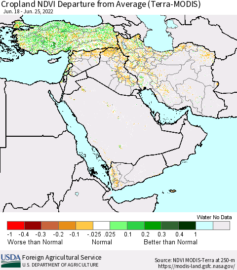 Middle East and Turkey Cropland NDVI Departure from Average (Terra-MODIS) Thematic Map For 6/21/2022 - 6/30/2022