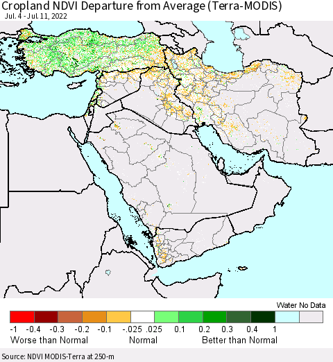 Middle East and Turkey Cropland NDVI Departure from Average (Terra-MODIS) Thematic Map For 7/4/2022 - 7/11/2022