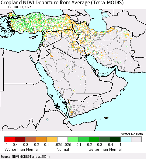 Middle East and Turkey Cropland NDVI Departure from Average (Terra-MODIS) Thematic Map For 7/12/2022 - 7/19/2022