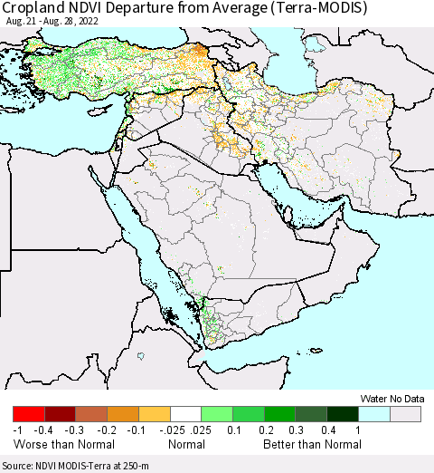 Middle East and Turkey Cropland NDVI Departure from Average (Terra-MODIS) Thematic Map For 8/21/2022 - 8/28/2022