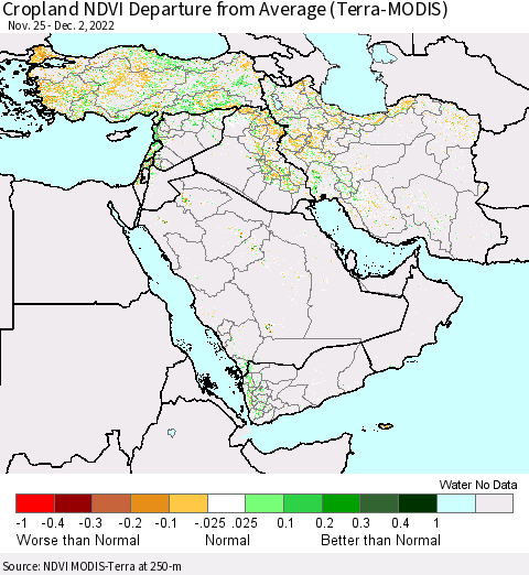 Middle East and Turkey Cropland NDVI Departure from Average (Terra-MODIS) Thematic Map For 11/25/2022 - 12/2/2022