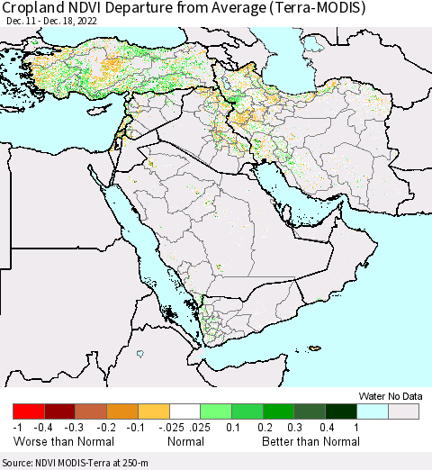 Middle East and Turkey Cropland NDVI Departure from Average (Terra-MODIS) Thematic Map For 12/11/2022 - 12/18/2022