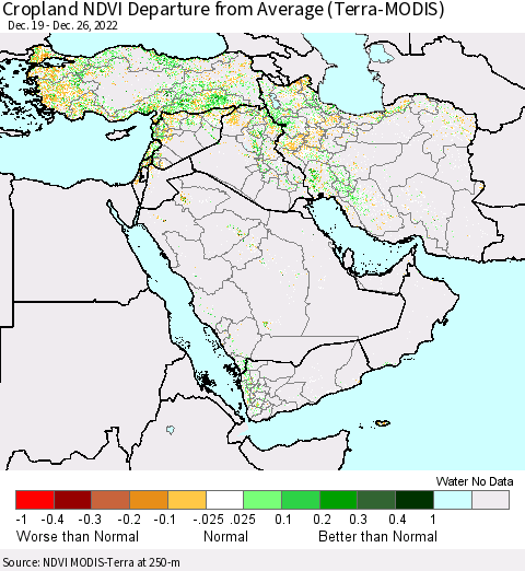 Middle East and Turkey Cropland NDVI Departure from Average (Terra-MODIS) Thematic Map For 12/19/2022 - 12/26/2022
