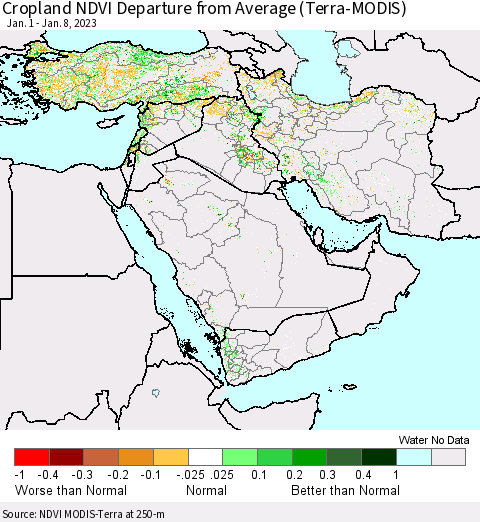 Middle East and Turkey Cropland NDVI Departure from Average (Terra-MODIS) Thematic Map For 1/1/2023 - 1/8/2023