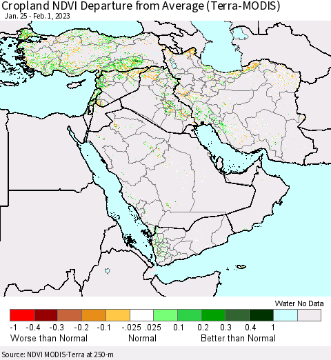 Middle East and Turkey Cropland NDVI Departure from Average (Terra-MODIS) Thematic Map For 1/25/2023 - 2/1/2023