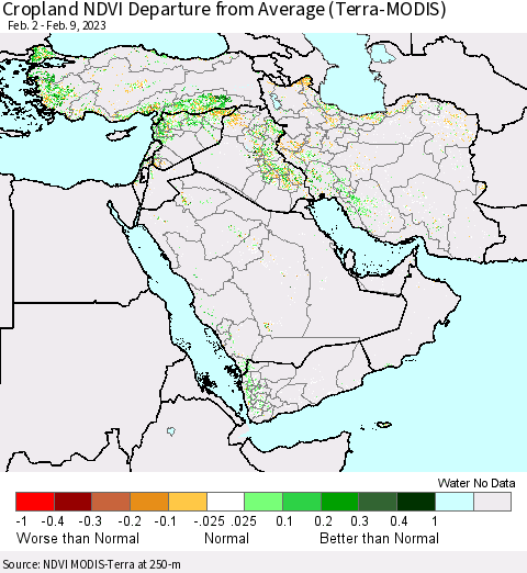 Middle East and Turkey Cropland NDVI Departure from Average (Terra-MODIS) Thematic Map For 2/2/2023 - 2/9/2023