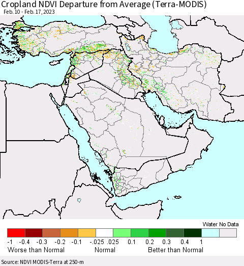 Middle East and Turkey Cropland NDVI Departure from Average (Terra-MODIS) Thematic Map For 2/10/2023 - 2/17/2023